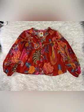 FARM Rio Red Tropical Paisley Button Front Blouse